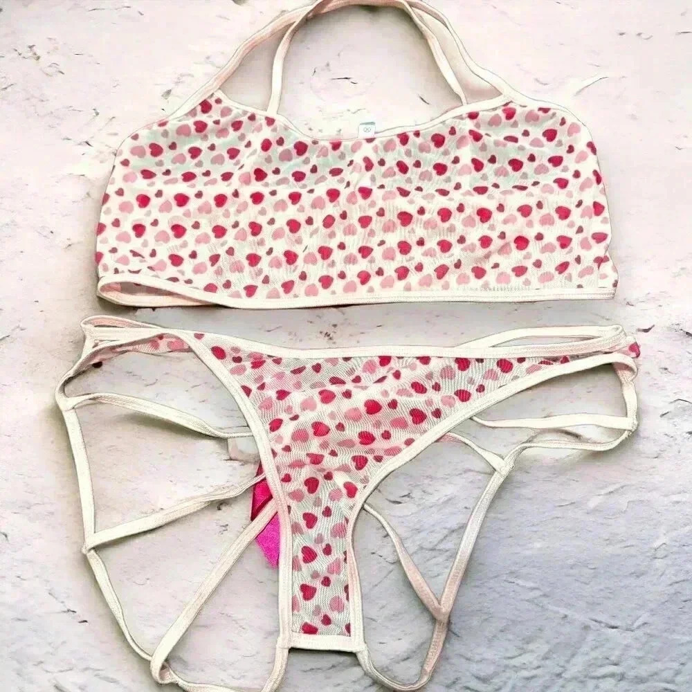 Coquette Red Heart Print Mesh  2 Piece Bra and Panties Lingerie Set OS